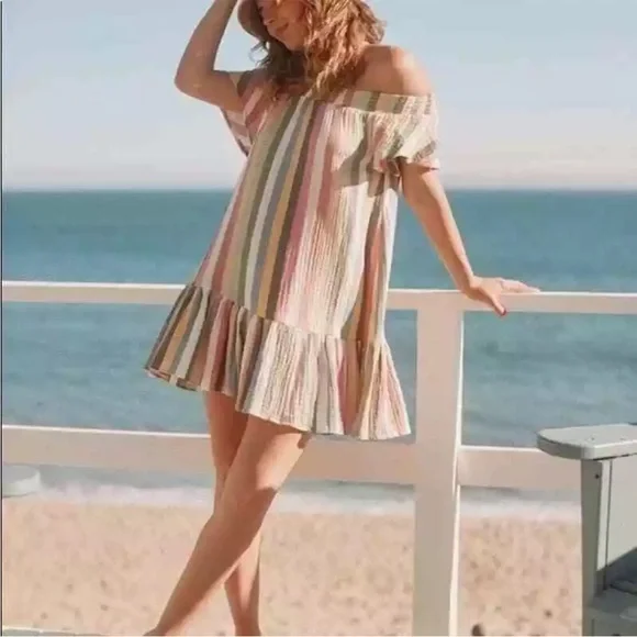 MARINE LAYER Shirley Rainbow Stripe Off Shoulder Ruffle Hem Mini Skirt Dress S - Picture 2 of 9